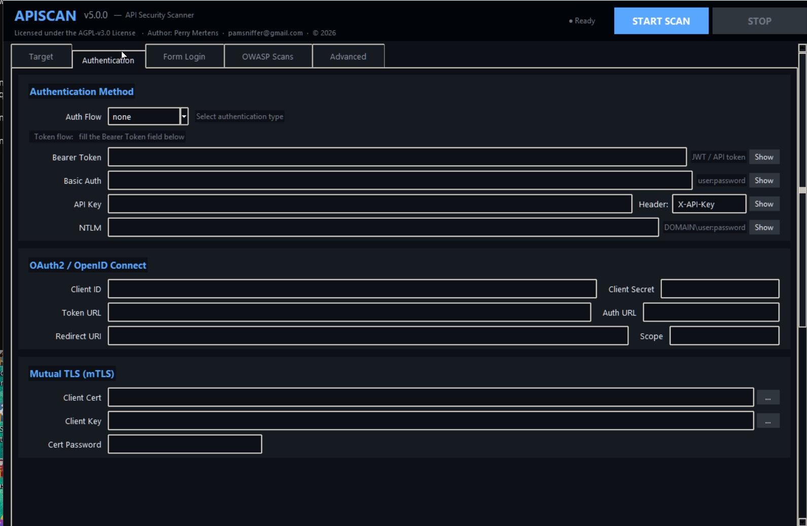 Authentication tab — Bearer, Basic, OAuth2, API Key, mTLS