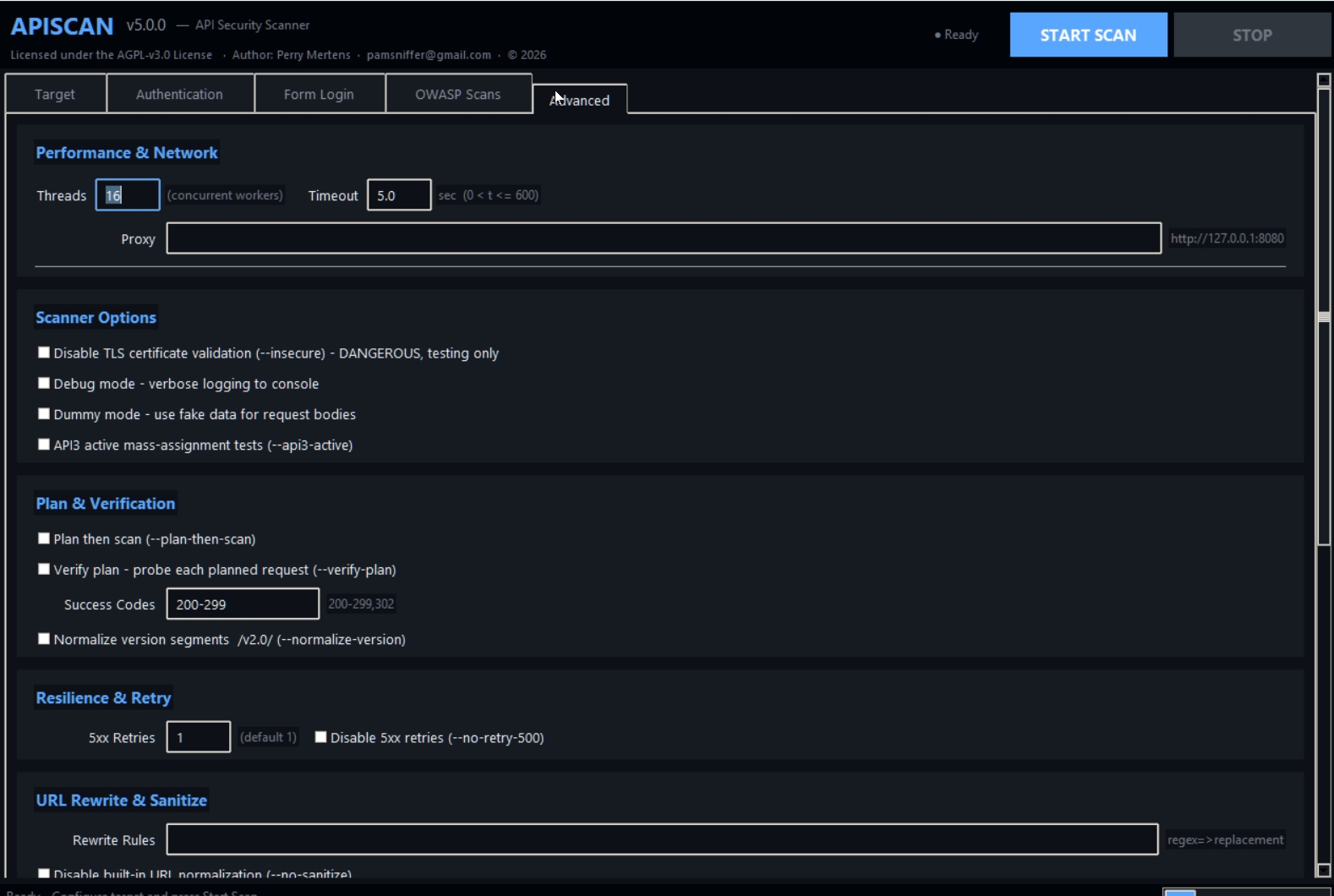 Advanced tab — threads, timeout, TLS, retry, debug