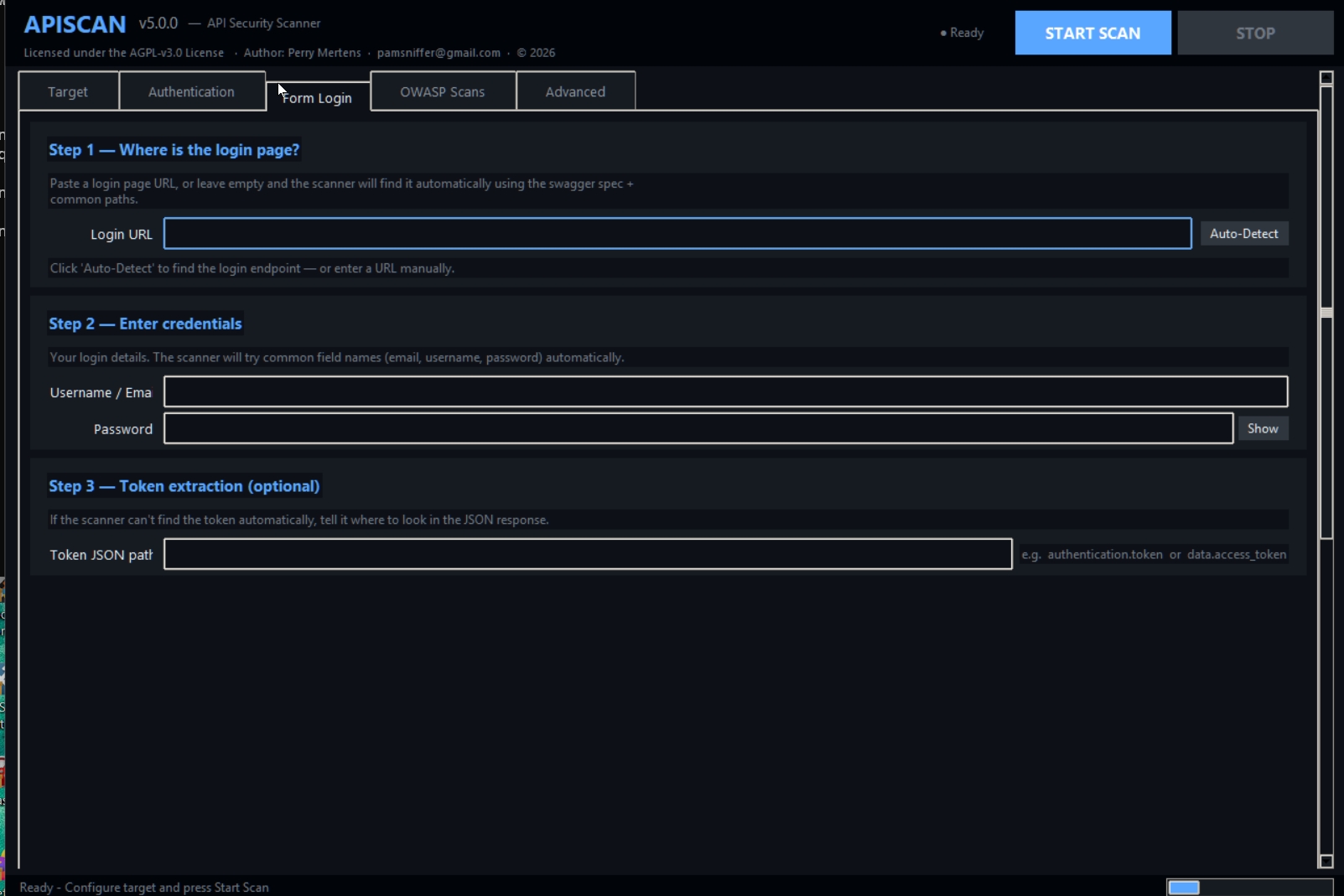 Form Login tab — Auto-Detect, credentials, token path