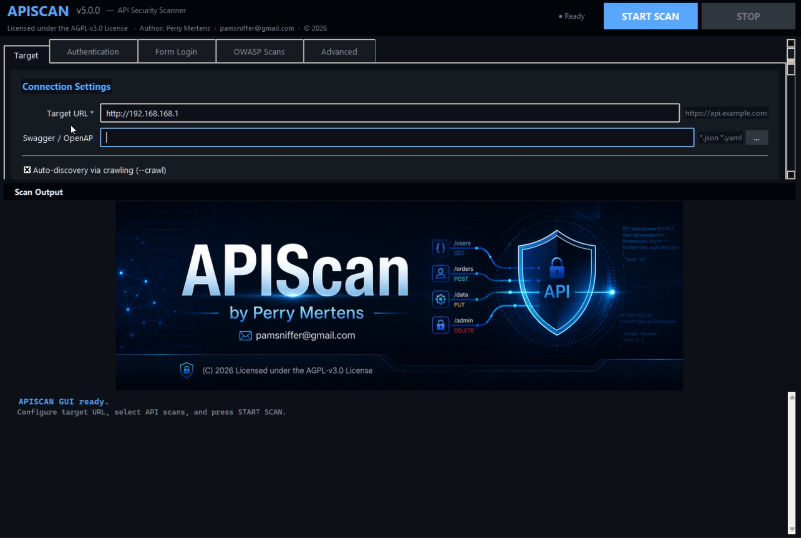 Target tab — URL, Swagger, crawl settings, scan output